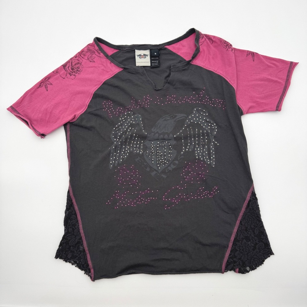 Harley-Davidson Womens Pink Gray Studded Eagle Lace Side Raglan Tee Shirt M